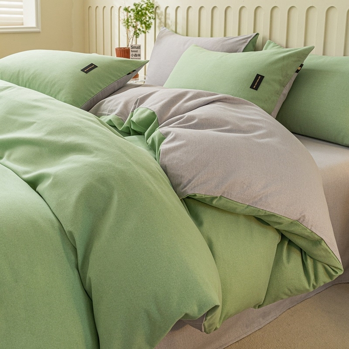 91家纺网 家纺一手货源 找家纺 涵宸家纺 2024新款原棉纯色织标磨毛单品及套件--被套 豆绿+浅灰