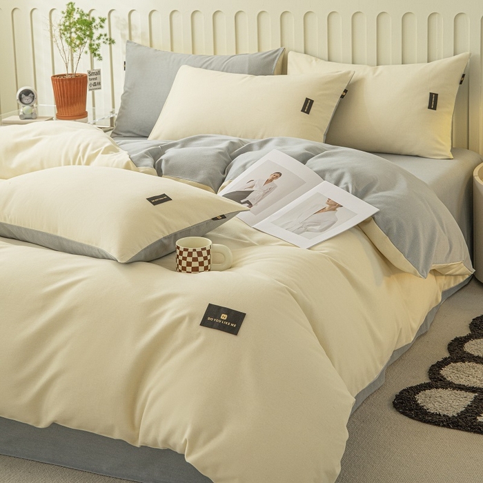 91家纺网 家纺一手货源 找家纺 涵宸家纺 2024新款原棉纯色织标磨毛单品及套件--四件套 奶昔白+浅灰