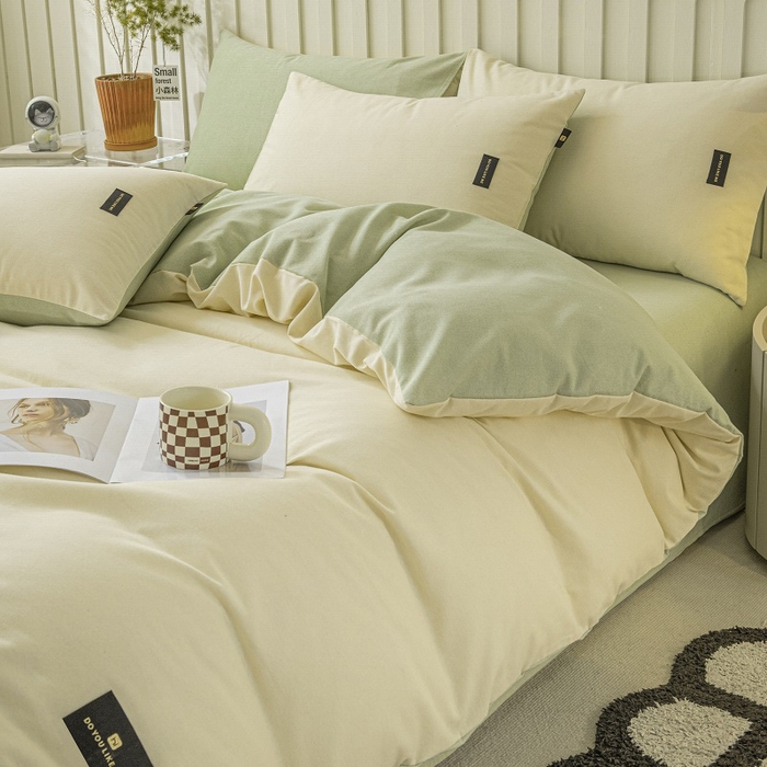 91家纺网 家纺一手货源 找家纺 涵宸家纺 2024新款原棉纯色织标磨毛单品及套件--被套 奶昔白+豆绿