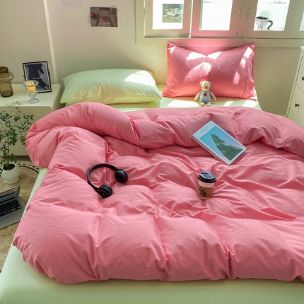 91家纺网 家纺一手货源 找家纺 繁花 2024新款纯色水洗棉素色四件套 玫红青提