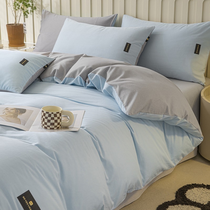 91家纺网 家纺一手货源 找家纺 涵宸家纺 2024新款原棉纯色织标磨毛单品及套件--四件套 兰+浅灰