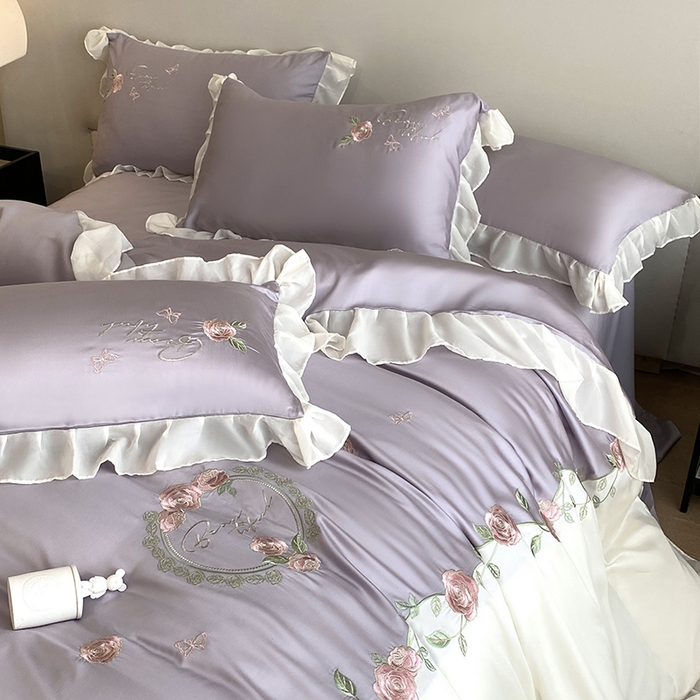 91家纺网 家纺一手货源 找家纺 优悦生活馆 2024新款刺绣款磨毛四件套-假日玫瑰 假日玫瑰-紫
