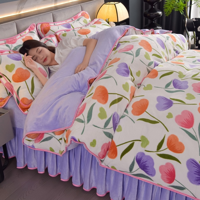 91家纺网 家纺一手货源 找家纺 锦铭源2025年7斤加厚印花牛奶绒四件套水晶法莱金貂绒床裙款花恋