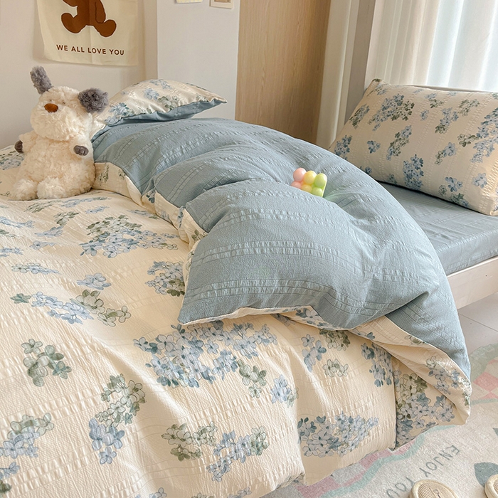 91家纺网 家纺一手货源 找家纺 安哆啦家纺 2024新款A类有氧泡泡纱云纱棉学生季宿舍床三四件套 绣球蓝