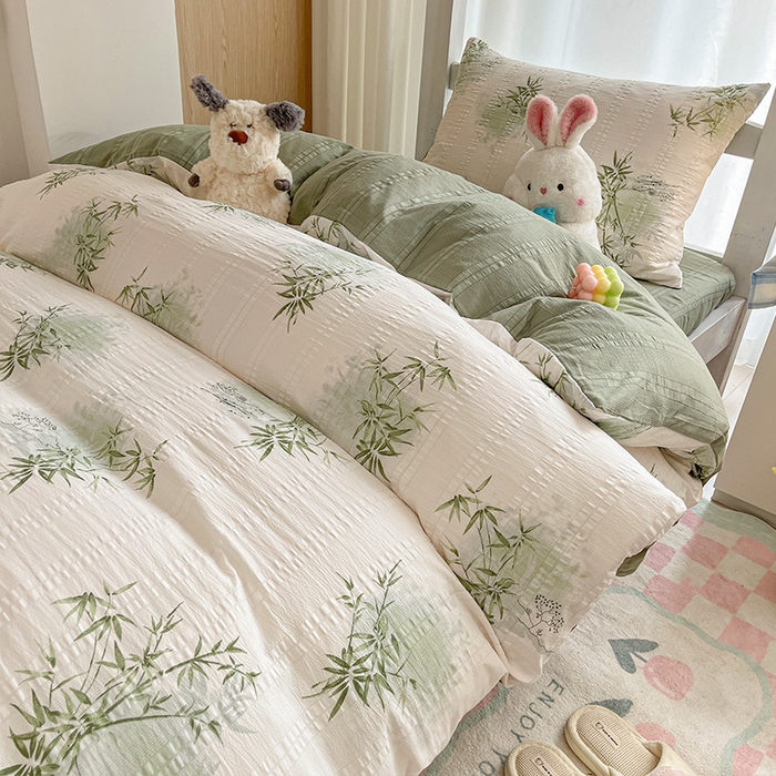 91家纺网 家纺一手货源 找家纺 安哆啦家纺 2024新款A类有氧泡泡纱云纱棉学生季宿舍床三四件套 有竹