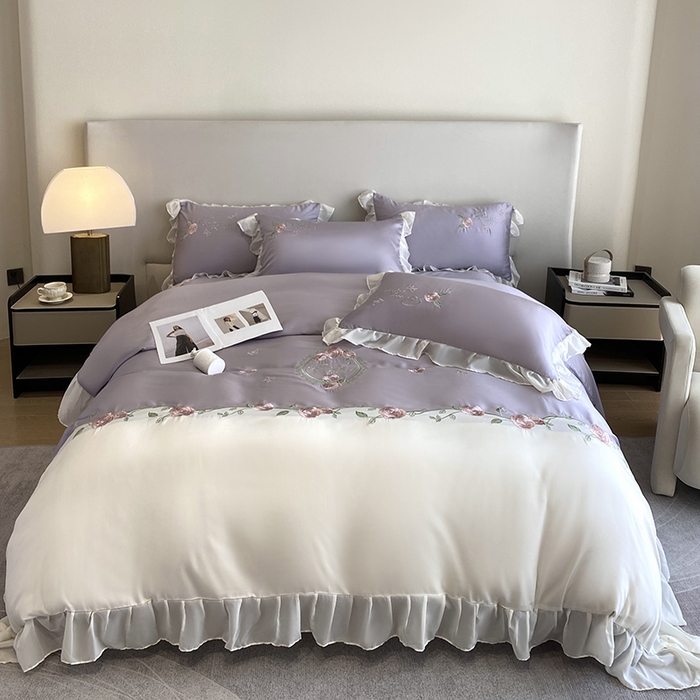 91家纺网 家纺一手货源 找家纺 优悦生活馆 2024新款刺绣款磨毛四件套-假日玫瑰 假日玫瑰-紫