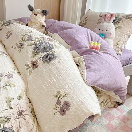 91家纺网 家纺一手货源 找家纺 安哆啦家纺 2024新款A类有氧泡泡纱云纱棉学生季宿舍床三四件套 法式花朵
