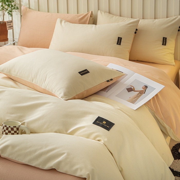 91家纺网 家纺一手货源 找家纺 涵宸家纺 2024新款原棉纯色织标磨毛单品及套件--四件套 奶昔白+粉