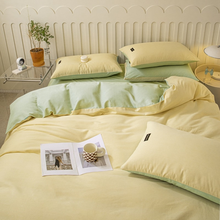 91家纺网 家纺一手货源 找家纺 涵宸家纺 2024新款原棉纯色织标磨毛单品及套件--被套 奶黄+豆绿