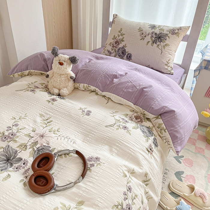 91家纺网 家纺一手货源 找家纺 安哆啦家纺 2024新款A类有氧泡泡纱云纱棉学生季宿舍床三四件套 法式花朵