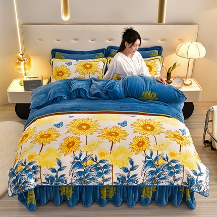 馨梦缘 2025新款小包边款牛奶绒8.5斤高克重牛奶绒金雕绒床裙款四件套 向阳花开