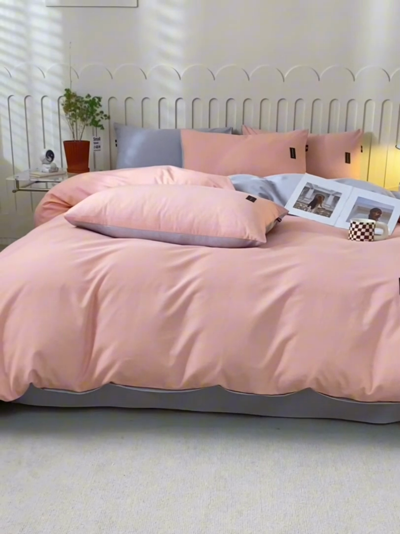 91家纺网 家纺一手货源 找家纺 涵宸家纺 2024新款原棉纯色织标磨毛单品及套件--四件套 粉+浅灰