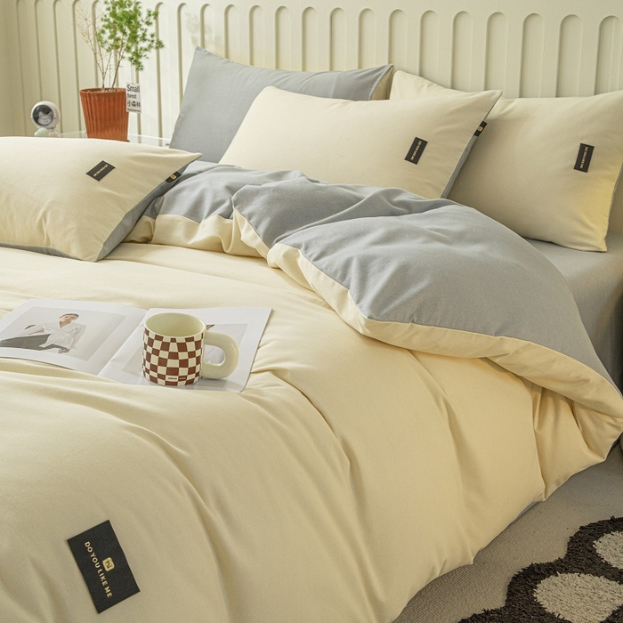 91家纺网 家纺一手货源 找家纺 涵宸家纺 2024新款原棉纯色织标磨毛单品及套件--四件套 奶昔白+浅灰