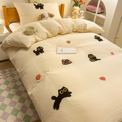 91家纺网 家纺一手货源 找家纺 （总）韩巢家纺 2024新款学生宿舍寝室上下铺超柔水洗棉毛巾绣被套床单三件套-幸运猫