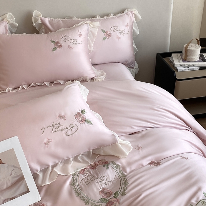 91家纺网 家纺一手货源 找家纺 优悦生活馆 2024新款刺绣款磨毛四件套-假日玫瑰 假日玫瑰-粉