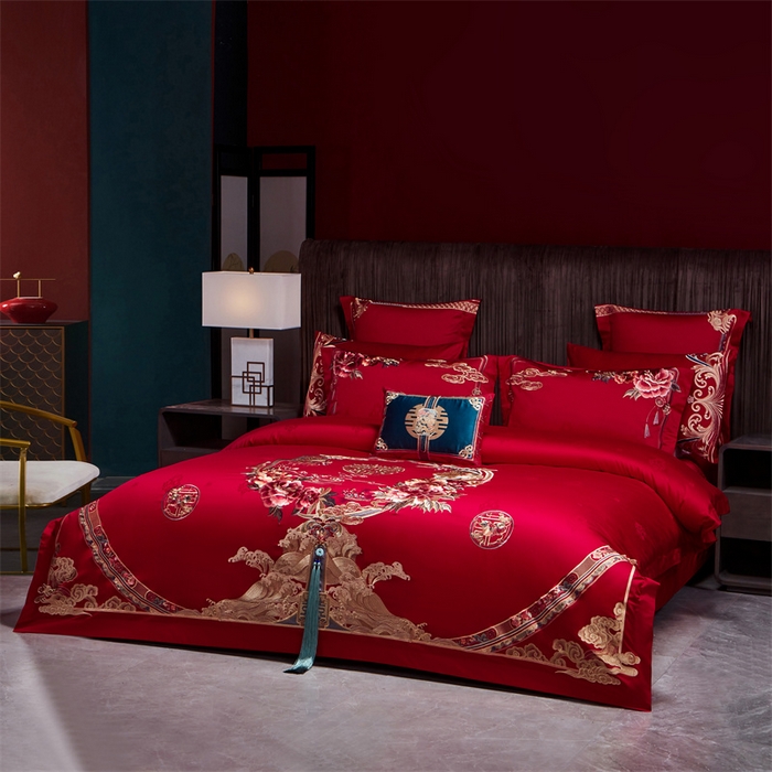 91家纺网 家纺一手货源 找家纺 宏羽纺家纺 2024新款高支高密纯棉提花婚庆套件系列（控价680） 天赐良缘-红