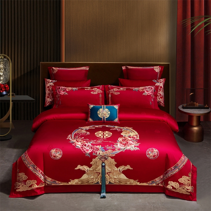 91家纺网 家纺一手货源 找家纺 宏羽纺家纺 2024新款高支高密纯棉提花婚庆套件系列（控价680） 天赐良缘-红