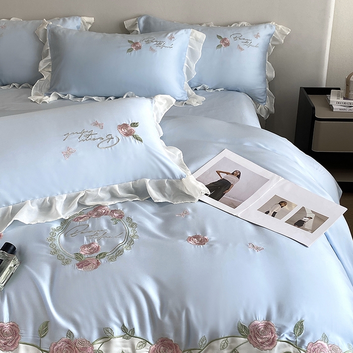 91家纺网 家纺一手货源 找家纺 （总）优悦生活馆 2024新款刺绣款磨毛四件套-假日玫瑰