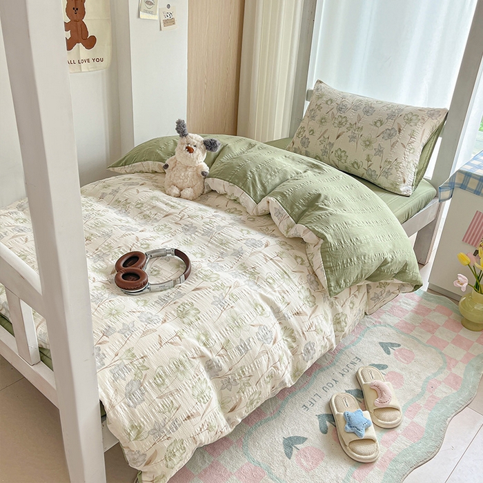 91家纺网 家纺一手货源 找家纺 安哆啦家纺 2024新款A类有氧泡泡纱云纱棉学生季宿舍床三四件套 花韵