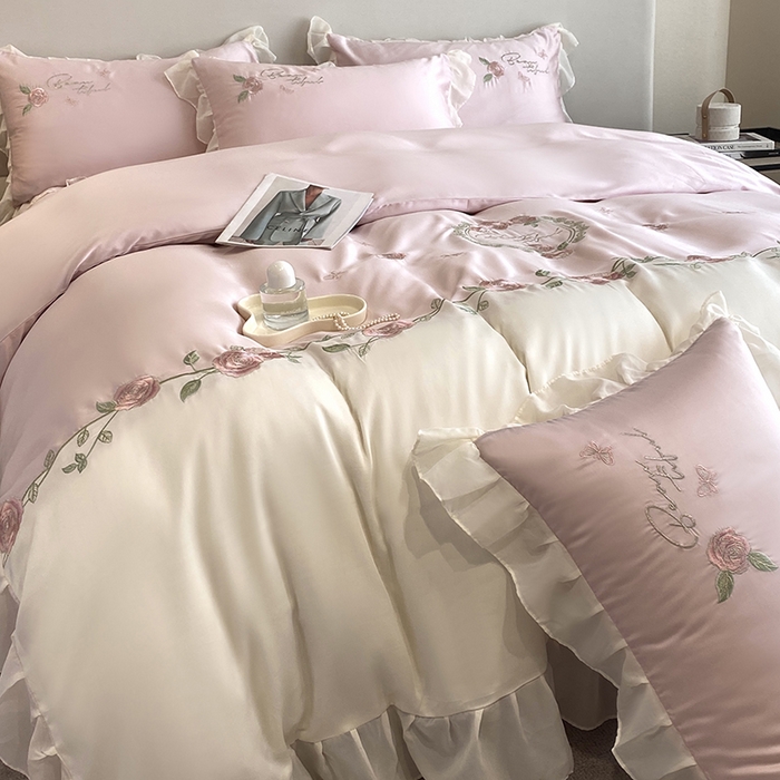 91家纺网 家纺一手货源 找家纺 优悦生活馆 2024新款刺绣款磨毛四件套-假日玫瑰 假日玫瑰-粉