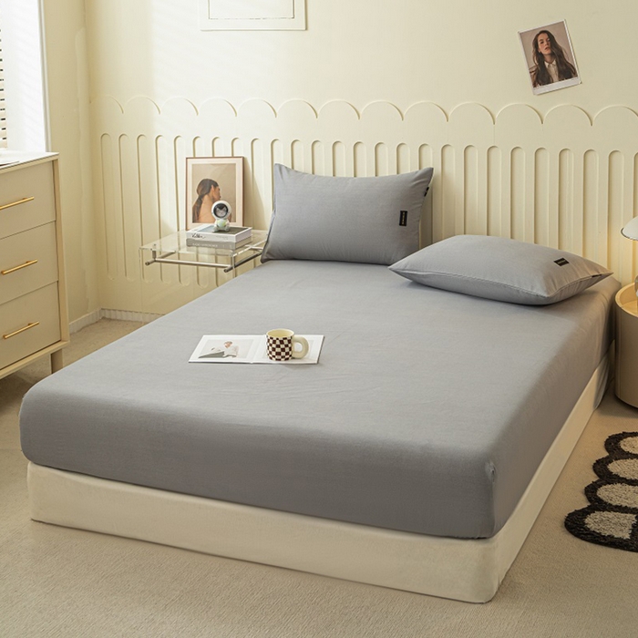 91家纺网 家纺一手货源 找家纺 涵宸家纺 2024新款原棉纯色织标磨毛单品及套件--床笠 单床笠-中灰