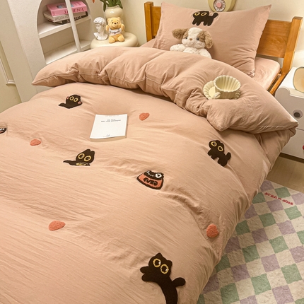 韩巢家纺 2024新款学生宿舍寝室上下铺超柔水洗棉毛巾绣单件被套-幸运猫 幸运猫奶咖
