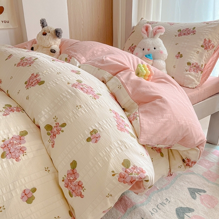 安哆啦家纺 2024新款A类有氧泡泡纱云纱棉学生季宿舍床三四件套 绣球粉