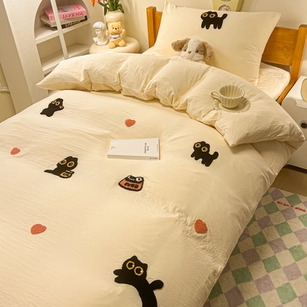 91家纺网 家纺一手货源 找家纺 （总）韩巢家纺 2024新款学生宿舍寝室上下铺超柔水洗棉毛巾绣单件被套-幸运猫