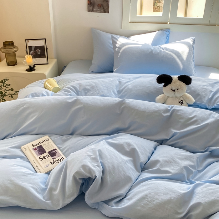 91家纺网 家纺一手货源 找家纺 繁花 2024新款纯色水洗棉素色四件套 海盐蓝