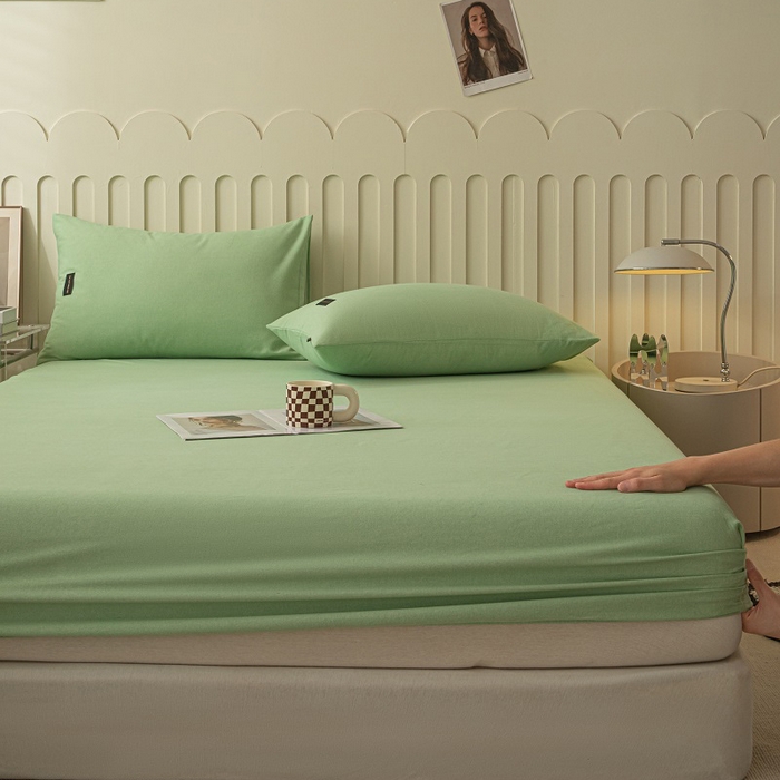 91家纺网 家纺一手货源 找家纺 涵宸家纺 2024新款原棉纯色织标磨毛单品及套件--床笠 单床笠-豆绿