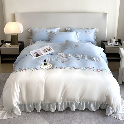 优悦生活馆 2024新款刺绣款磨毛四件套-假日玫瑰 假日玫瑰-蓝