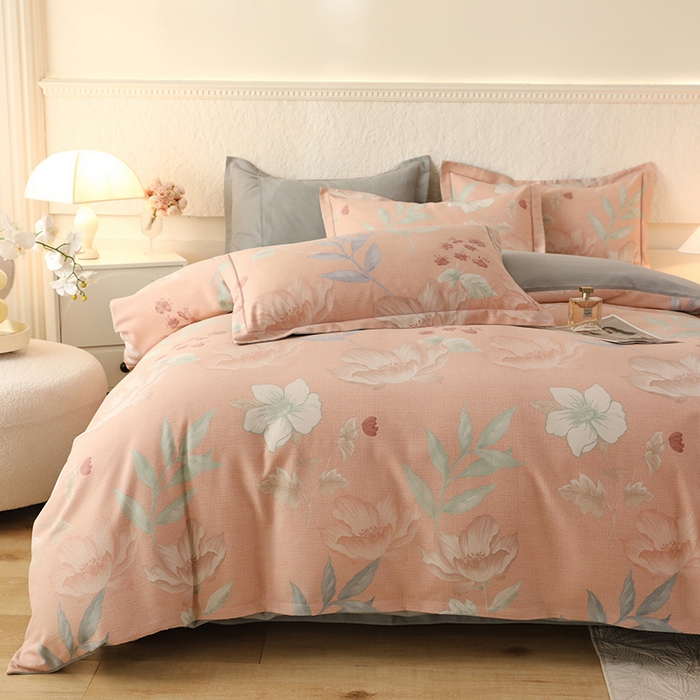 91家纺网 家纺一手货源 找家纺 帛美家纺 2024新款加厚纯棉全棉磨毛印花四件套 兰亭序粉