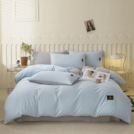 涵宸家纺 2024新款原棉纯色织标磨毛单品及套件--四件套 兰+浅灰