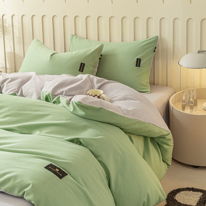 91家纺网 家纺一手货源 找家纺 涵宸家纺 2024新款原棉纯色织标磨毛单品及套件--被套 豆绿+浅灰