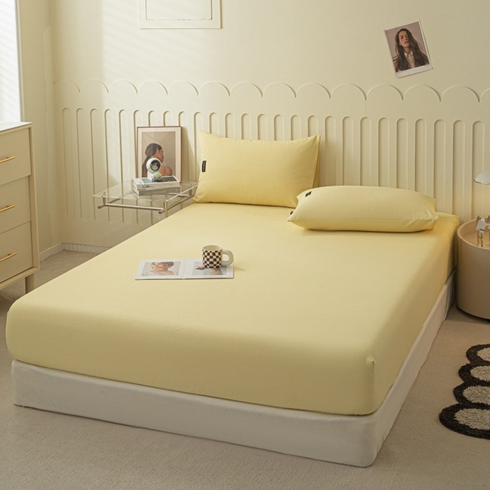 91家纺网 家纺一手货源 找家纺 涵宸家纺 2024新款原棉纯色织标磨毛单品及套件--床笠 单床笠-奶黄