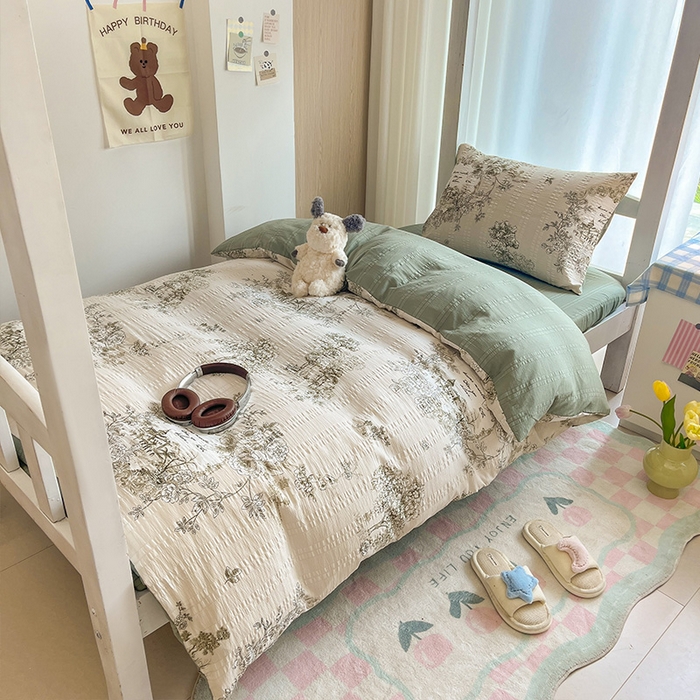 91家纺网 家纺一手货源 找家纺 安哆啦家纺 2024新款A类有氧泡泡纱云纱棉学生季宿舍床三四件套 山水间