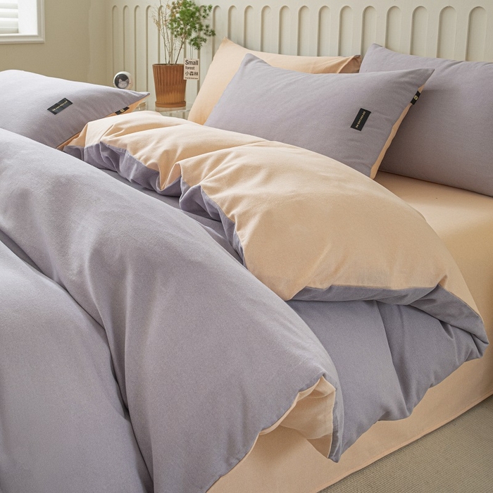 91家纺网 家纺一手货源 找家纺 涵宸家纺 2024新款原棉纯色织标磨毛单品及套件--四件套 烟紫+粉