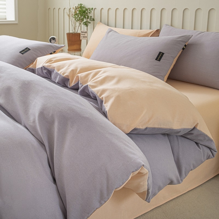 91家纺网 家纺一手货源 找家纺 涵宸家纺 2024新款原棉纯色织标磨毛单品及套件--四件套 烟紫+粉