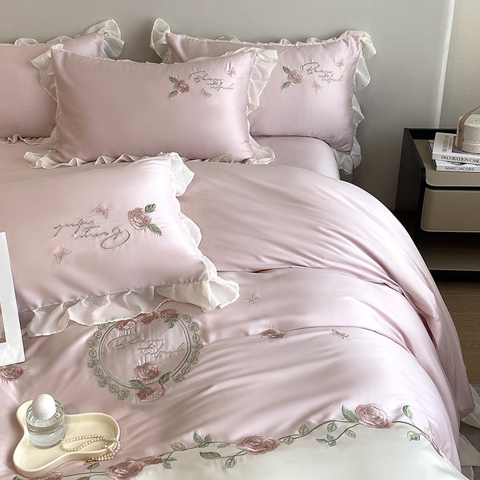 91家纺网 家纺一手货源 找家纺 优悦生活馆 2024新款刺绣款磨毛四件套-假日玫瑰 假日玫瑰-粉