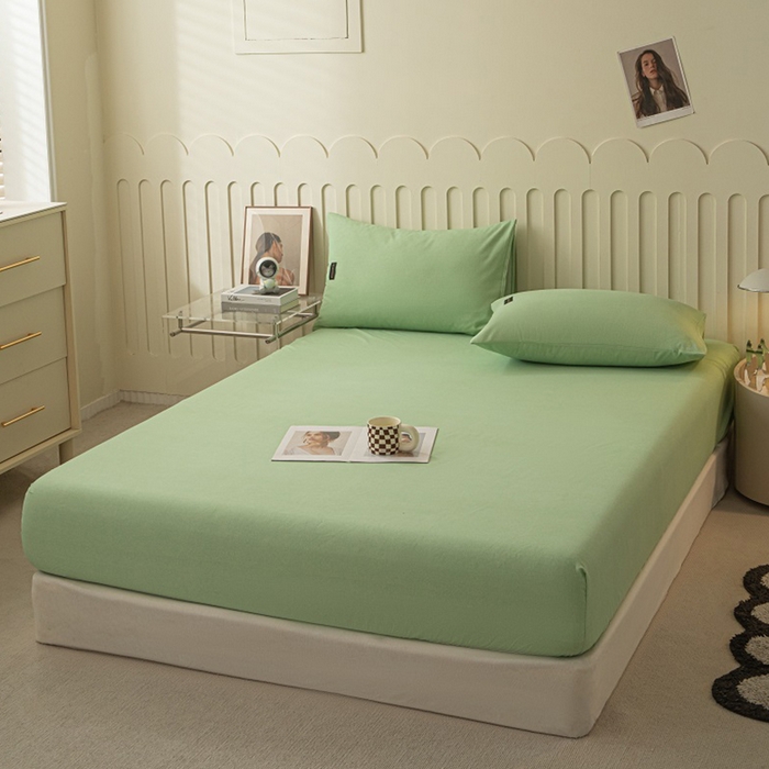 91家纺网 家纺一手货源 找家纺 涵宸家纺 2024新款原棉纯色织标磨毛单品及套件--床笠 单床笠-豆绿