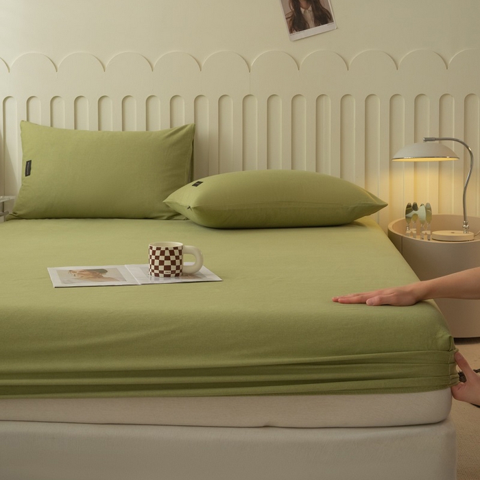 91家纺网 家纺一手货源 找家纺 涵宸家纺 2024新款原棉纯色织标磨毛单品及套件--床笠 单床笠-草绿