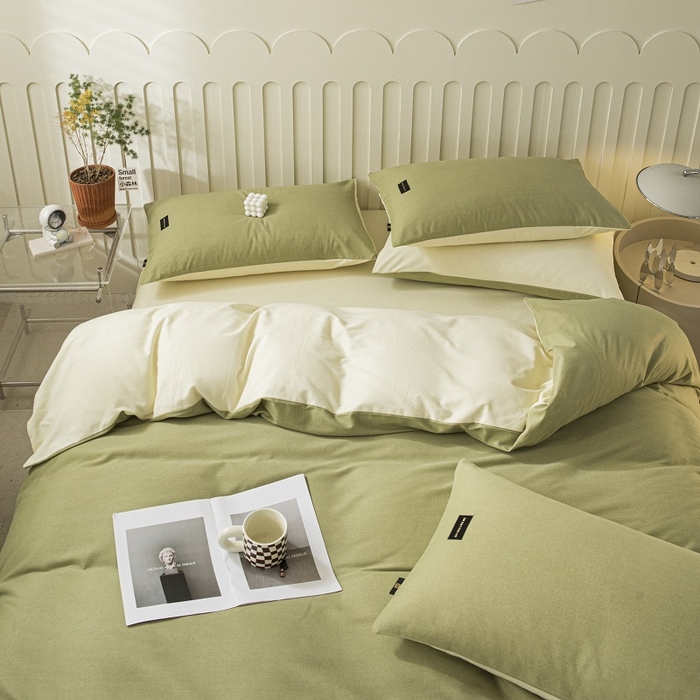 91家纺网 家纺一手货源 找家纺 涵宸家纺 2024新款原棉纯色织标磨毛单品及套件--四件套 草绿+奶昔白