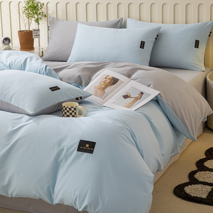 91家纺网 家纺一手货源 找家纺 涵宸家纺 2024新款原棉纯色织标磨毛单品及套件--四件套 兰+浅灰