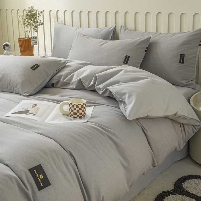 91家纺网 家纺一手货源 找家纺 涵宸家纺 2024新款原棉纯色织标磨毛单品及套件--四件套 中灰+浅灰