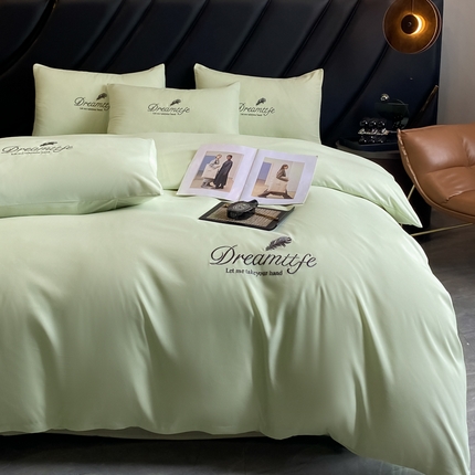 91家纺网 家纺一手货源 找家纺 伊梵居 2025新款梦羽系列刺绣水洗棉磨毛四件套 梦羽-抹茶绿