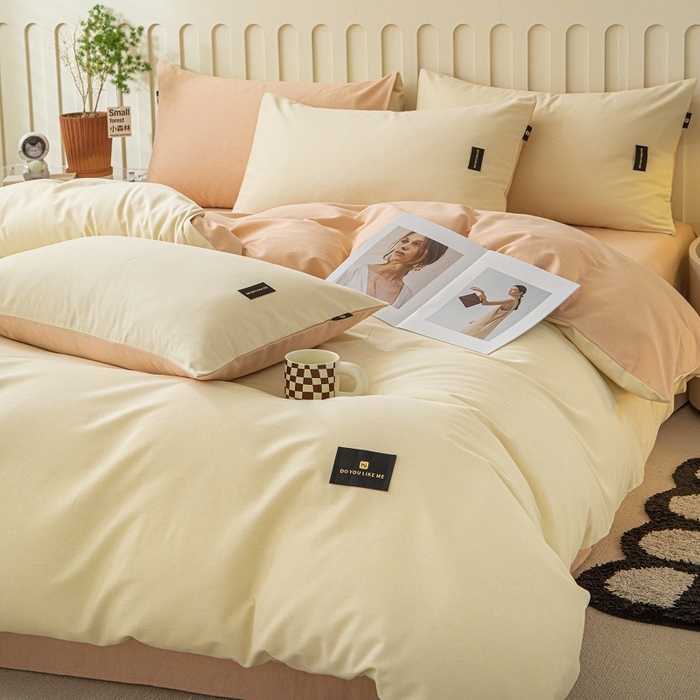 91家纺网 家纺一手货源 找家纺 涵宸家纺 2024新款原棉纯色织标磨毛单品及套件--四件套 奶昔白+粉