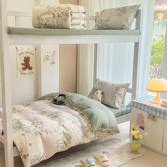 91家纺网 家纺一手货源 找家纺 安哆啦家纺 2024新款A类有氧泡泡纱云纱棉学生季宿舍床三四件套 山水间