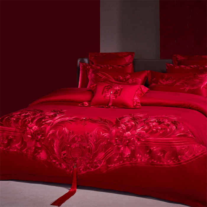 91家纺网 家纺一手货源 找家纺 宏羽纺家纺 2024新款高支高密纯棉提花婚庆套件系列（控价680） 凤凰来仪-红
