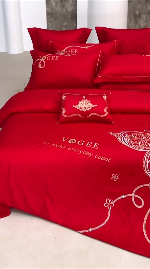 91家纺网 家纺一手货源 找家纺 宏羽纺家纺 2024新款13372纯棉小红书跑量款婚庆套件系列 亦蝶-中国红