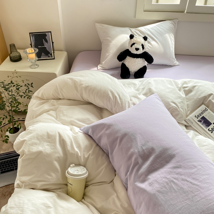 91家纺网 家纺一手货源 找家纺 繁花 2024新款纯色水洗棉素色四件套 可可白+紫